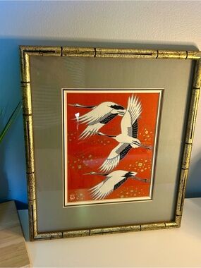 Vintage Japanese Silk Crane Textile Art 
Framed Faux Bamboo